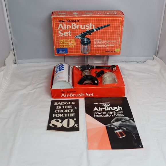 Vintage Badger Air Brush Set Model 350-3 Single Action Air Brush & Accessories - Picture 1 of 12